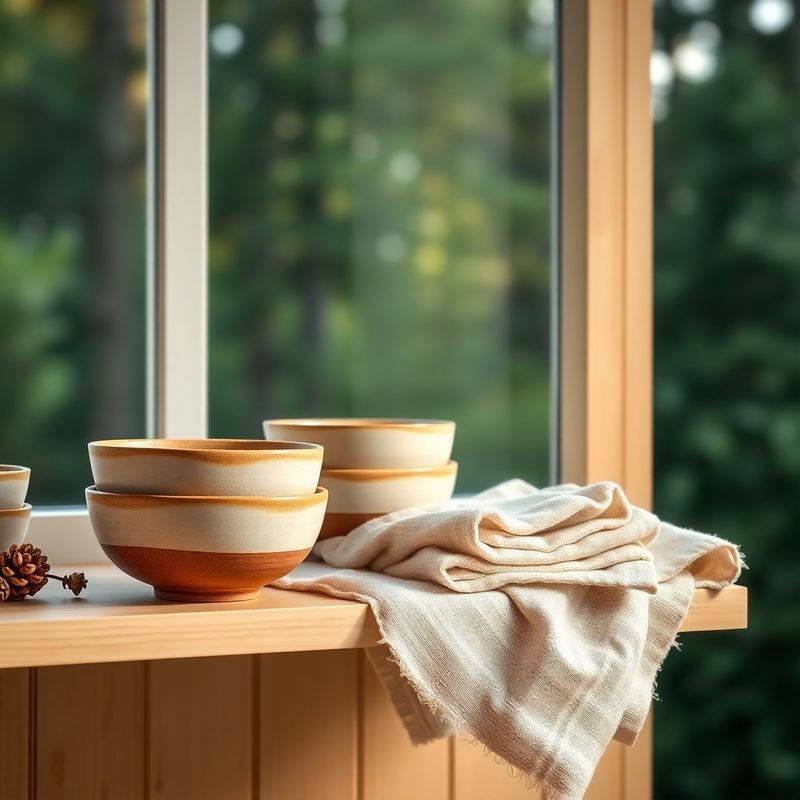 Hand-thrown stoneware bowls and folded raw linen on a cream wooden shelf