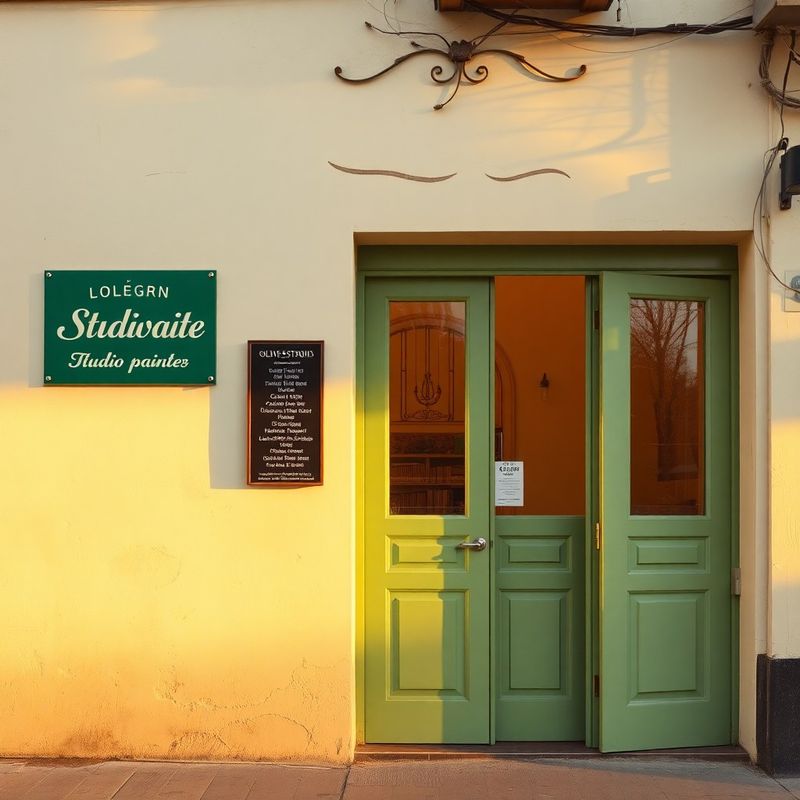 Olive-painted studio door on Linking Road, Mumbai, in warm afternoon light