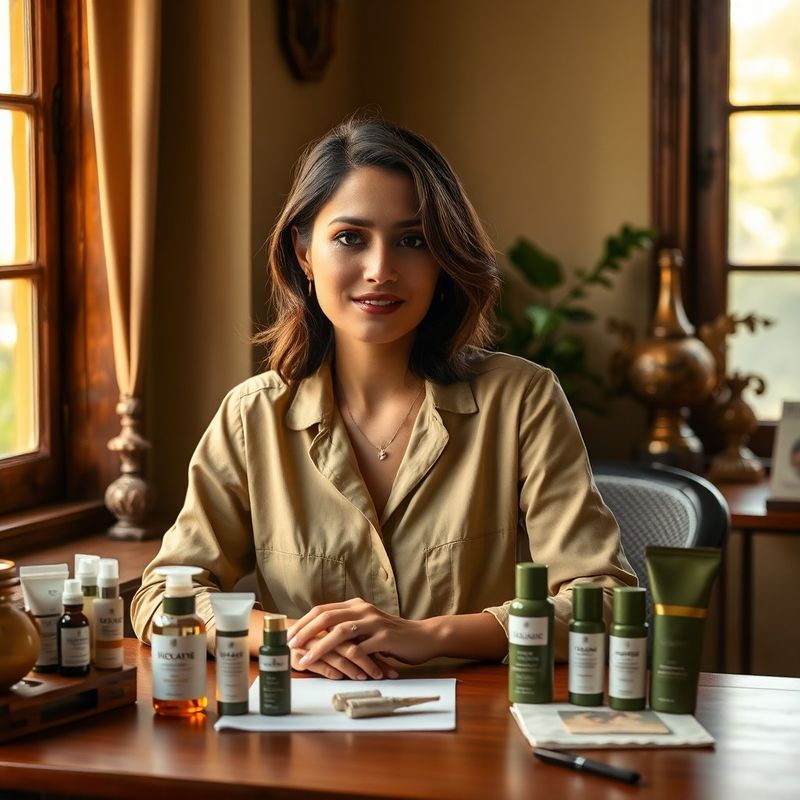 Founder Kavita Rao at a wooden desk surrounded by product samples