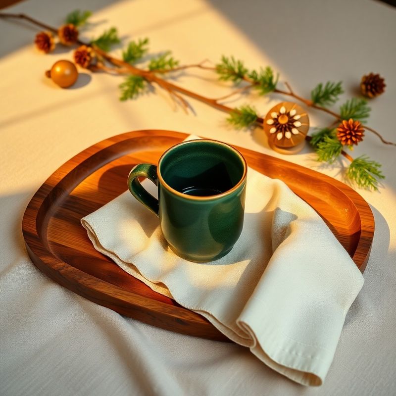 Forest-green ceramic mug, teak tray and cream linen on a sunlit surface