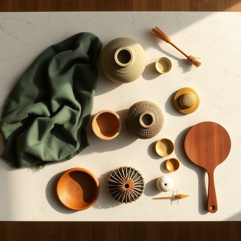 Overhead flat lay of curated home objects in linen, ceramic, teak and brass